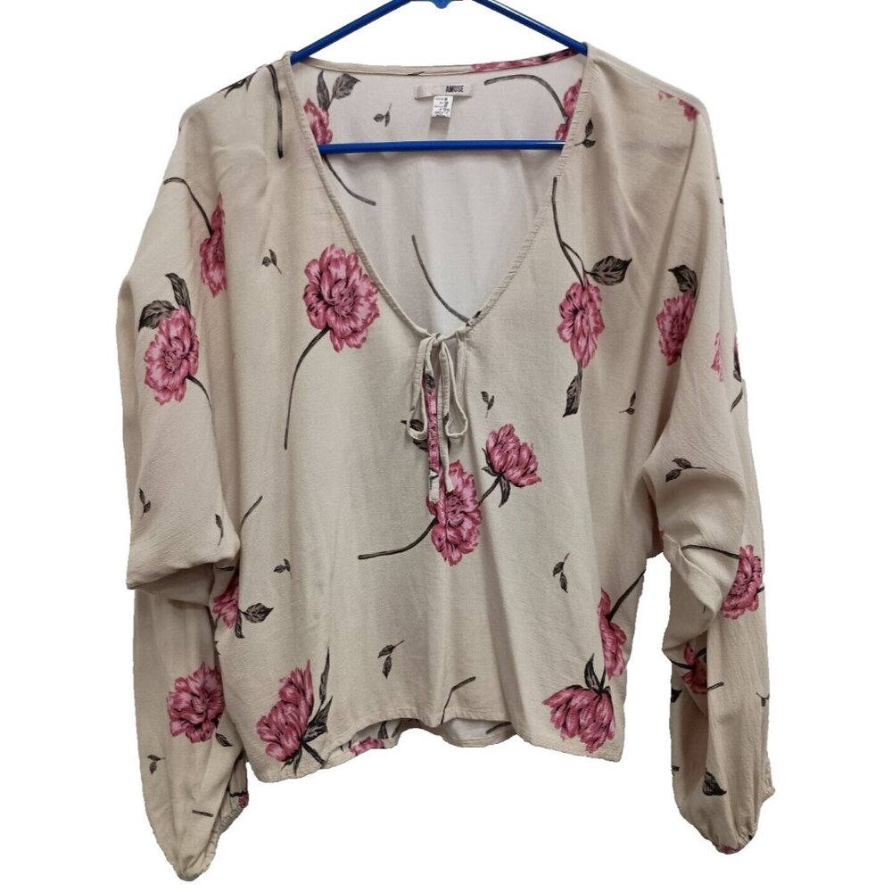 Amuse Society BOHO Top Womens Medium Beige Pink Floral‎ Long Sleeve Cottagecore
